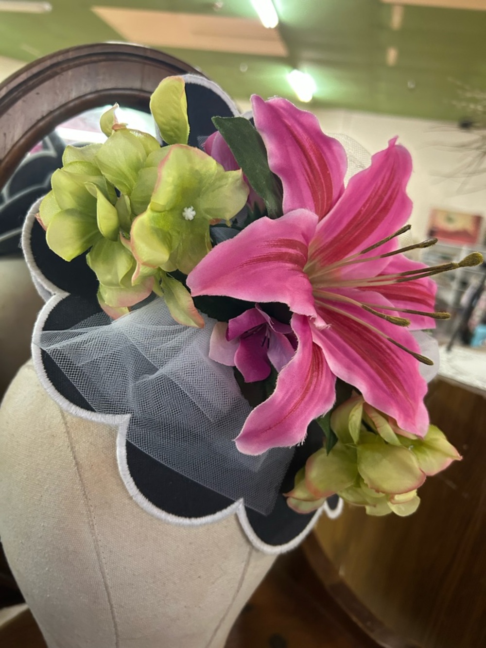 Floral Pink Lily and Green Hydrangea Fascinator Headpiece